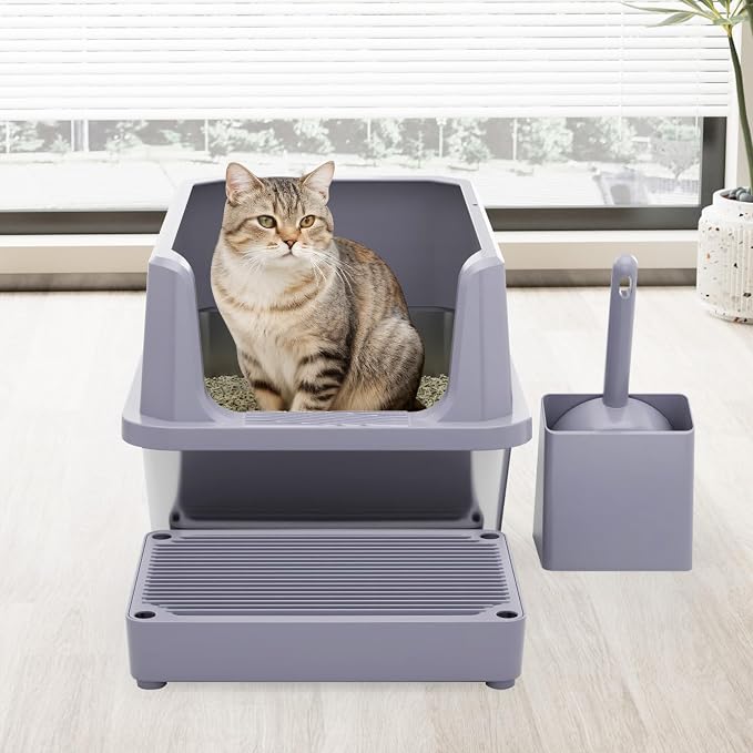 RIZZARI Cat Litter Box Non-Porous: Open High Sides for Indoor Cats | Open-Top Airflow / High Anti-Spill Edges / Wavy Mat Anti-Tracking / Spacious for All Breeds / Easy Visibility for Quick Clean