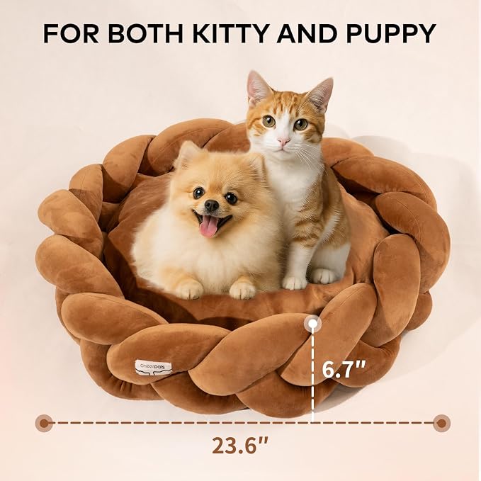 CHEERPALS Weave Cat Bed for Indoor Cats,Cute Pet Bed with Washable Cushion Fluffy Kitty Bed for Small Dog(Caramel)
