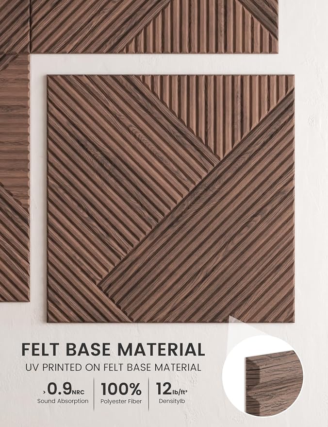 Fluxynara 6-Pack Large Felt Bulletin Board, Walnut Diamond | 70.87" x 47.24" Cork Board Alternative, Acoustic Wall Panels with 60 Adhesive Tabs for Recording Studios and Home Offices