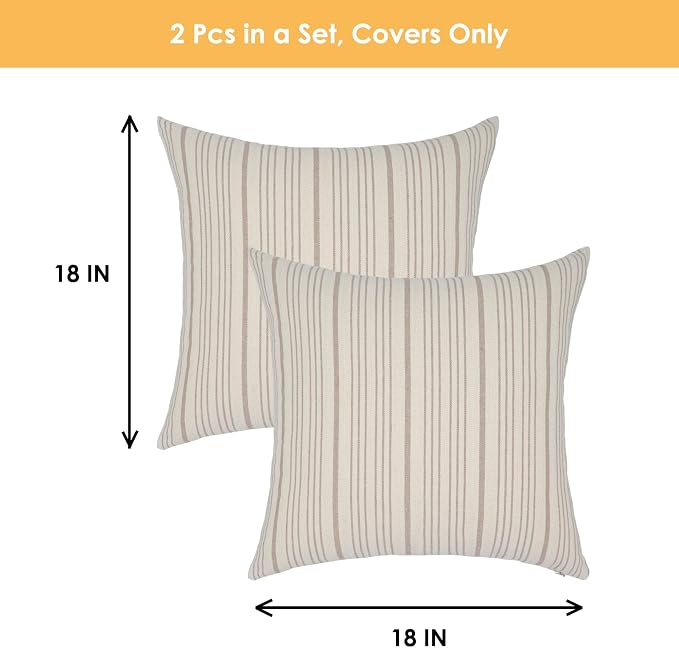 Tan Outdoor Striped Set of 2 Throw Pillow Covers 18x18 Cream Beige | Pack of 2 Pillow Cases Farmhouse Decorative Square Throw Pillows for Couch Sofa Bed