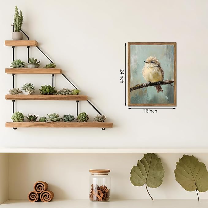 Vintage Framed Bird Wall Art, Rustic Sparrow on Branch Canvas Wall Decor Painting, Cute Bird Animal Artwork Poster Prints Pictures for Living Room Bedroom Bathroom 16x24 Inch