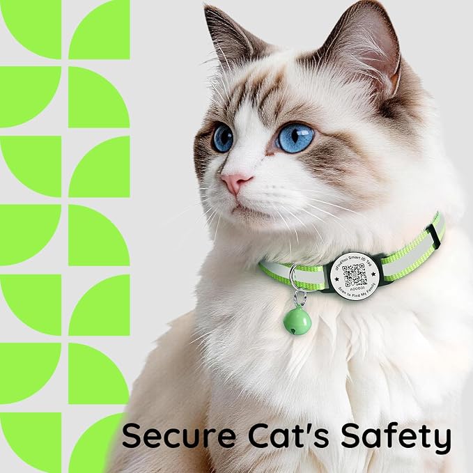Breakaway Cat Collar QR Code, Reflective Bell, Adjustable Kitten, Green