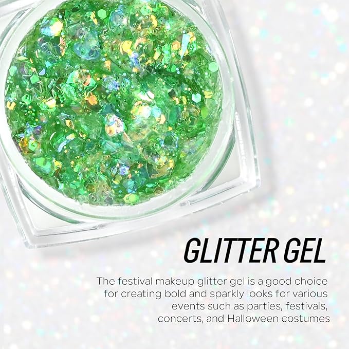 Green Face and Body Hair Glitter Gel, St Patricks Day Shamrock Face Paint Holographic Chunky Festival Rave Accessories Glitter Makeup, 6 Kinds of Sparkling Sequins for Hair Nail Eye Lip Body