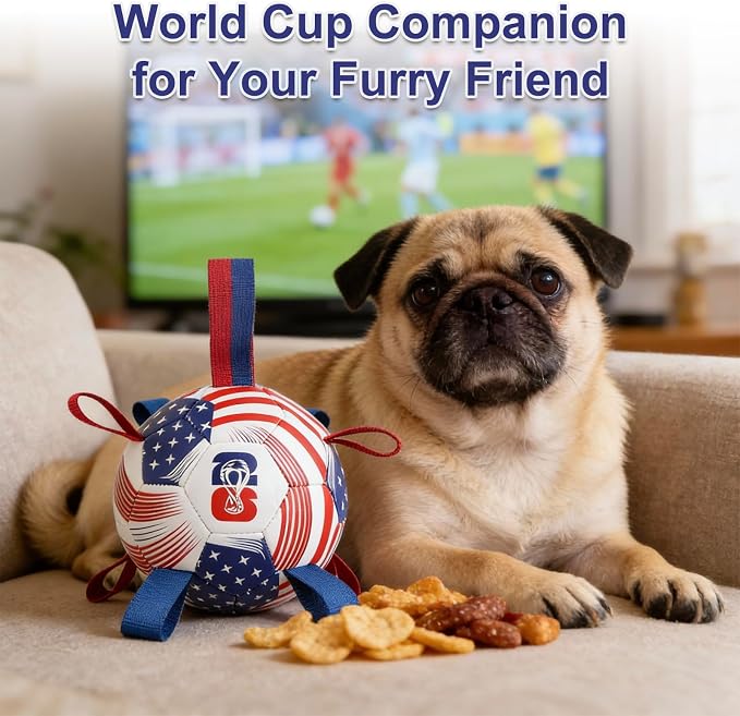 Dog Soccer Ball with Straps, 7.25 Inch Herding Dog Ball Toys World Cup Dog Toy, Balls for 30-90lbs Dogs, Outdoor Dog Toy for Medium Large Puppy, Interactive Toy for Tug, Water Toy Ball,U.S.A