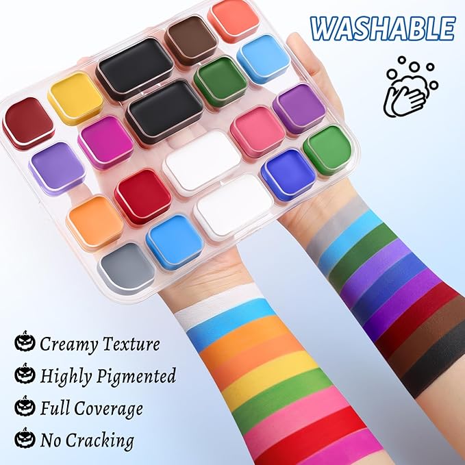 BOBISUKA 18 Color Washable Face & Body Paint Palette with Brushes, Extra Black & White Pans, Highly Pigmented Cream Formula Face Painting Kit for Halloween, Carnival, Cosplay, Festivals & SFX Makeup