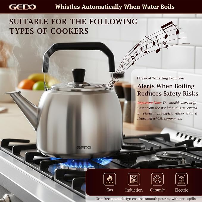GEDO Stainless Steel Whistling Tea Kettle, 304 Food Grade, Large Capacity, Stovetop Kettle for Gas Stove and Induction Cooktop (6L/6.34QT)