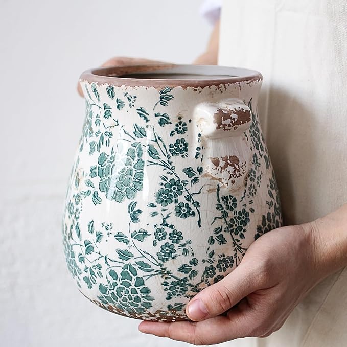 Tuscan Ceramic Planters & Kitchen Utensil Holder, 6.68" Vintage Plant Pots | Flower Pot with Drainage for Indoor/Outdoor, Country Cottage Vase for Home Garden Decor, Gifts for Plant Lovers, Cyan