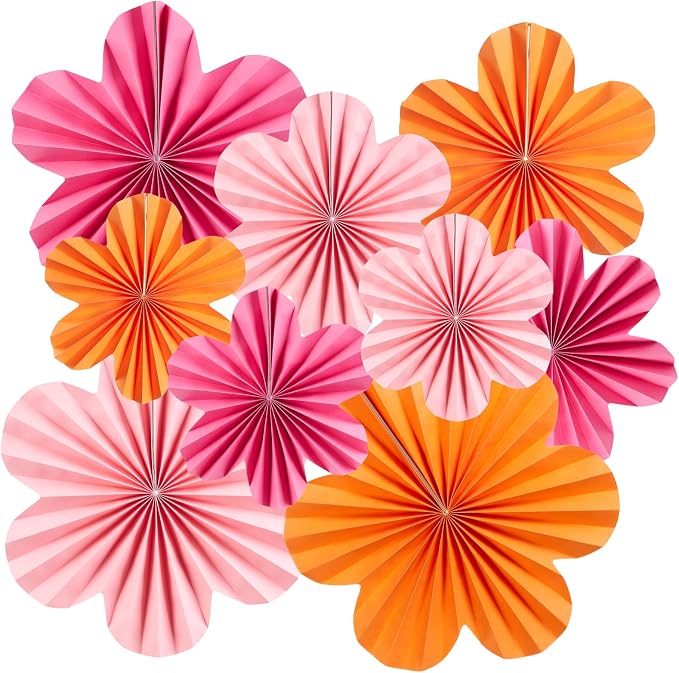 SUNBEAUTY 9 Pcs Hot Pink and Orange Paper Flowers Decorations for Wall, Spring Summer Vibrant Decorations for Wall Rock Party Girl Groovy Birthday Baby Shower Wedding Bachelorette Room Hanging Decor