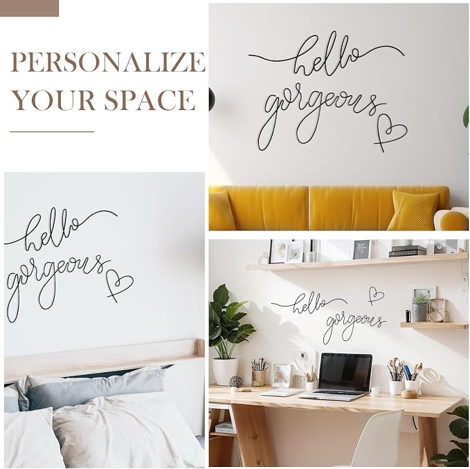 Hicarer Metal Hello Gorgeous Wall Art Minimalist Wall Decor,Black,Classic | for Bedroom Bathroom Living Room Dressing Room Salon Vanity Office Home Decoration, Easy to Install