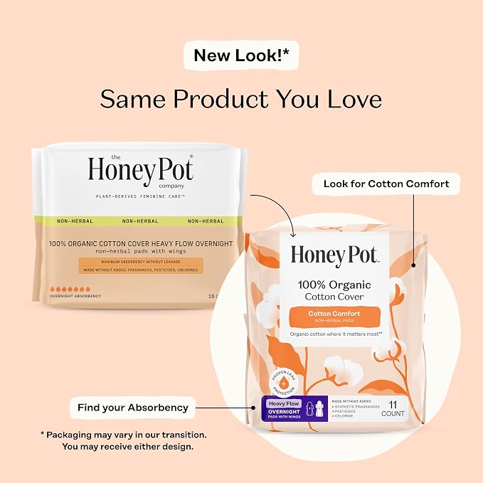 The Honey Pot Company - Sanitary Pads for Women - Non-Herbal Heavy Overnight w/Wings - Organic Cotton Cover & Ultra-Absorbent Pulp Core - Feminine Care - 11 ct