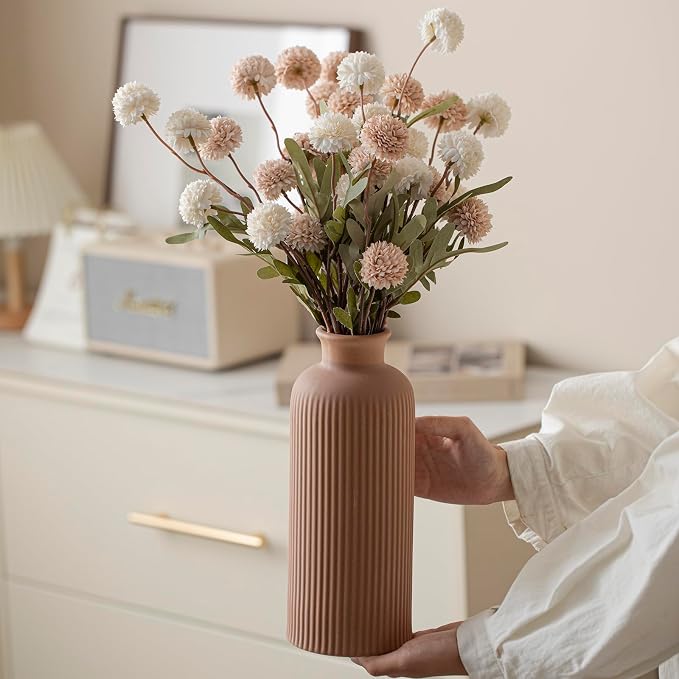 Large Modern Ceramic Vase Set, Coffee Ribbed Matte Design, 3-Piece Decorative Vases for Home, Living Room, Office (XL Coffee Mix)