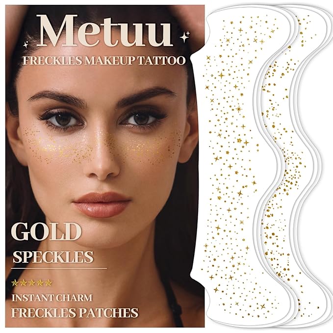 24 Sheets Glitter Freckle Tattoos, Gold Glitter Face Speckles Makeup Temporary Tattoos, Glitter Face Freckle Patches Makeup Accessories for Women and Girls