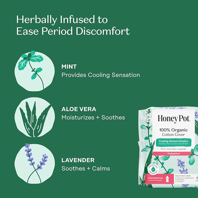 The Honey Pot Company - 48ct - Herbal Postpartum Pads w/Wings - Infused w/Essential Oils for Cooling Effect, Organic Cotton Cover, & Ultra-Absorbent - Feminine Care