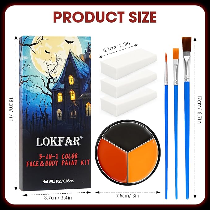 Black Red Orange Face & Body Paint - Blendable Facepaint Foundation with Sponge & Brush for Skin, Professional Halloween Face Make-up Kit for Scarecrow Tiger Devil Pumpkin Fox Lion Costume