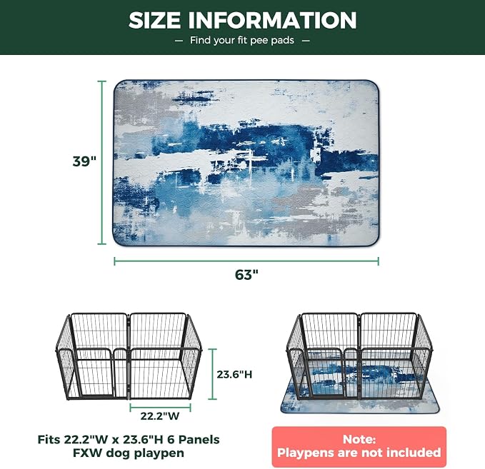 FXW Washable Pee Pads for Dogs, Super Absorbent, 39" x 63", 1 Pack | Machine washable, Non-slip backing, Fits 24"H 6-Panel FXW Rollick/Homeplus Playpens