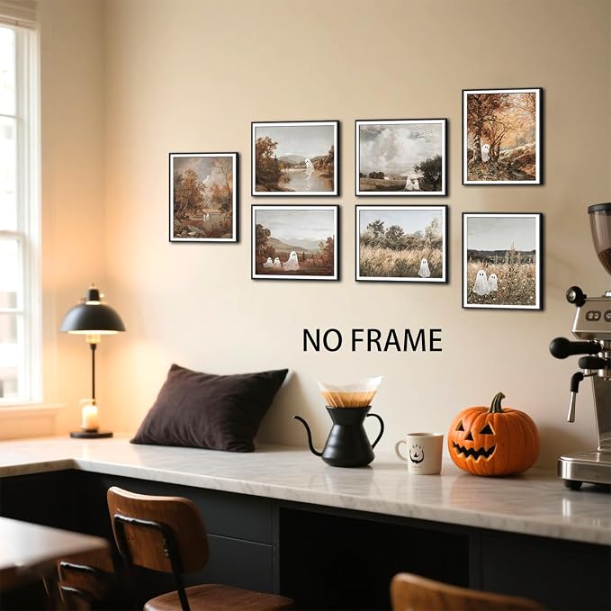 Mynotix Funny Halloween Poster Set of 7, Cute Ghost Country Landscape Wall Art, Vintage Haunted Forest Canvas Painting Print Pictures for Bedroom Living Room Dorm Unframed 12x16 inch
