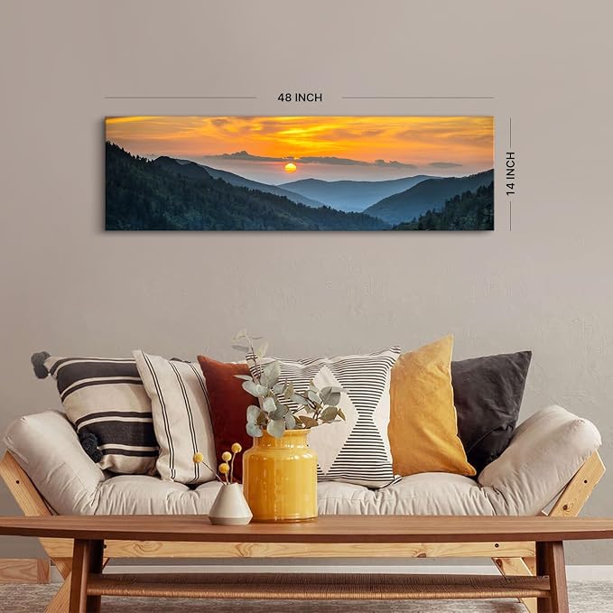 Sunset Blue Ridge Mountain Wall Art for Living Room Nature Wall Decor Smoky Mountain Landscape Picture National Park Poster Canvas Prints Misty Forest Scenic Painting Artwork Office Decorations 14x48”