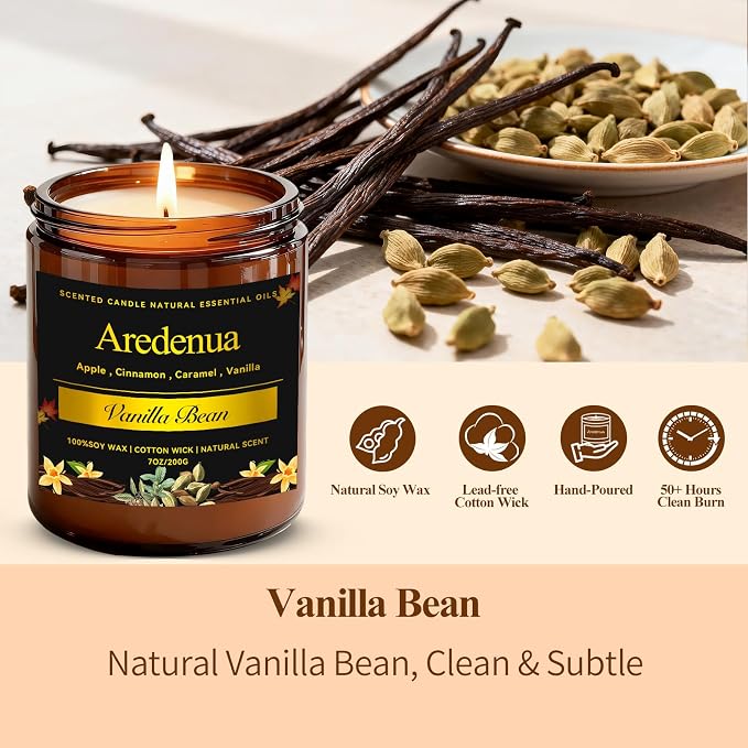 Vanilla Bean Odor Eliminating Candles, 7 oz Soy Candles for Home Scented | Up to 50 Hours Burn Time, Air Freshening & Cozy Scent, Relaxing Home Candle, Removes Pet, Kitchen & Bathroom Odors