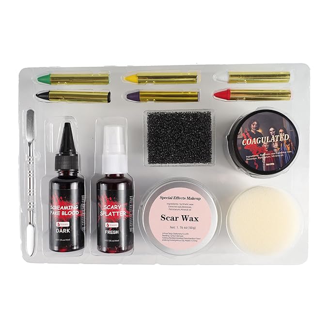 Halloween Makeup Kit-Scar Wax, 6-Color Bruise Crayons, 3-Types Fake Blood (Spray + Dripping + Coagulated Gel) + Spatula & Sponges – For Zombie/Vampire/Monster Cosplay