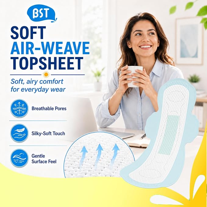 BST Mint Fresh Pads for Women, Breathable Thin Sanitary Napkins with Wings, Odor Control, Heavy Absorbency, Feminine Care, Active Lifestyle Use（Large 6 Count Packaging May Vary）