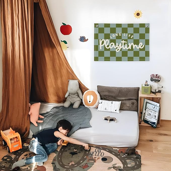 Playroom Decor Long Live Playtime Banner, Green And Blue Checkered Pattern Banner Linen Hanging Banner Flag for Nursery Toddler Room, Boys Girls Kids Room Decor,Classroom Decorations 30x20