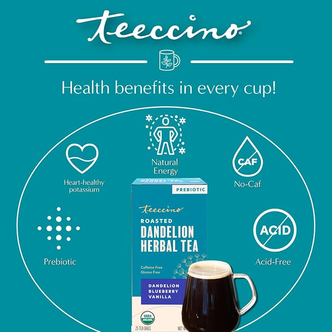 Teeccino Dandelion Blueberry Vanilla Herbal Tea - 25 Tea Bags - Rich & Roasted Herbal Tea That’s Caffeine Free & Prebiotic for Natural Energy, Coffee Alternative