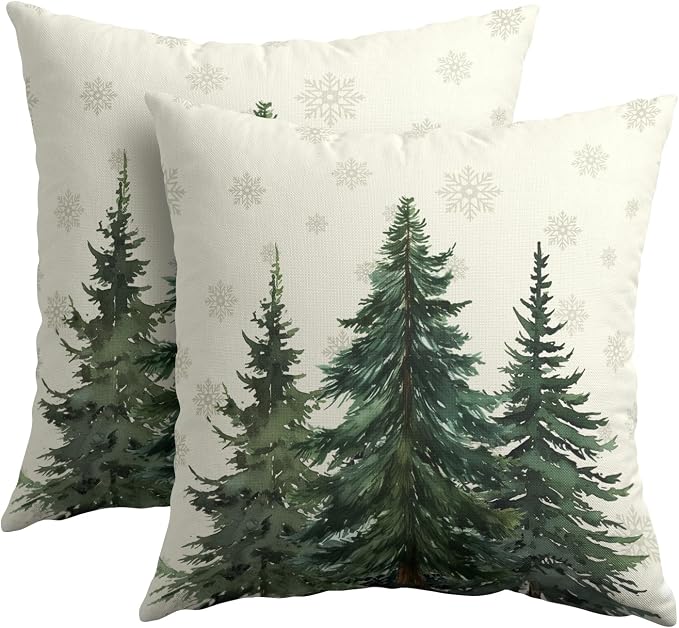 Kawani Pine Forest Throw Pillow Covers 20x20 Inches, Set of 2 Winter Snow Green Pine Trees Cotton Linen Pillow Cushion Case for Xmas Farmhouse Sofa Couch Bed Home Decor
