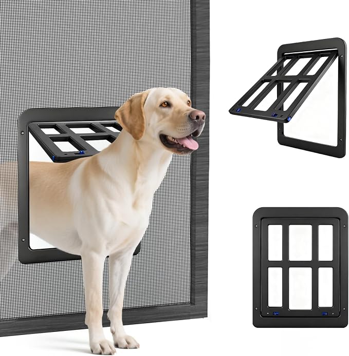 Dog Door for Sliding Screen Door, Large Dog Door Automatic Magnetic Lockable Door- Inner 12"×15.5" Black
