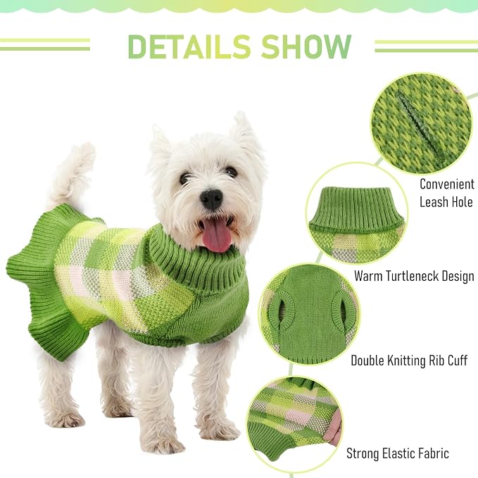 Dog Sweater Dress Plaid Knitwear for Small Medium Dogs Warm Puppy Pet Turtleneck Stretch Pullover Cute Fall Winter Vest Clothes with Leash Hole for Christmas (Green, L)