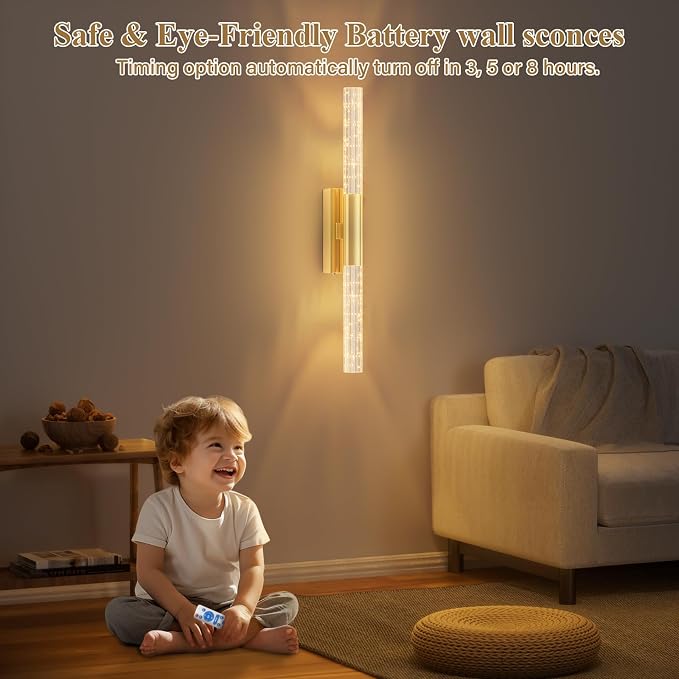 camuucci Battery Operated Wall Sconces Set of 2, Rechargeable Wall Lights | 12000mAh Long-Lasting Battery,Dimmable Cordless Sconce,No Wiring Needed for Bedroom,Living Room,Gold 25.6-Inch