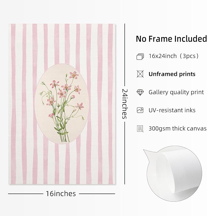 Youillne Pink Flower Wall Art Striped Floral Prints Botanical Canvas Wall Decor Aesthetic Pictures Pastel Pink Floral Poster Minimalist Flower Painting for Girl Room 16x24 Inch Unframed Set of 3