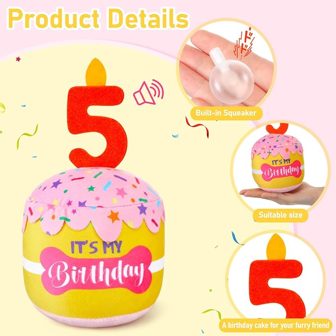 Dansydaisy Dog Birthday Cake Toy Squeaky Plush Gift,5th,Pink and Yellow