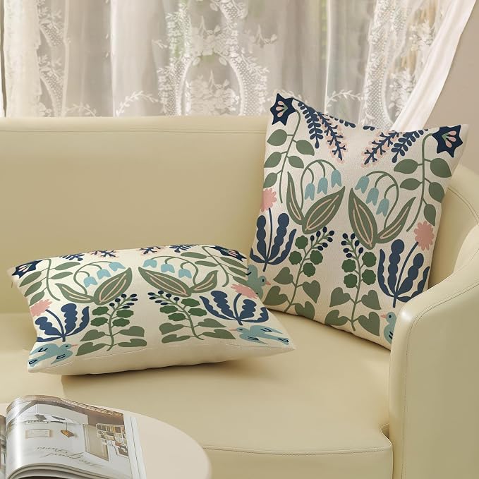 Boho Navy Blue Green Flower Pillow Covers 18x18 Inch Set of 2 Sage Green Floral Throw Pillows Vintage Flower Outdoor Pillowcase Linen Seasonal Decorations Farmhouse Cushion Case for Sofa Home