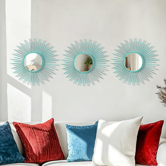 3 Pack Metal Mirrors for Wall Sunburst Wall Mirrors Home Décor Decorative Hanging Wall Art for Living Room Bedroom Entryway (Greenish Blue, Sunburst)