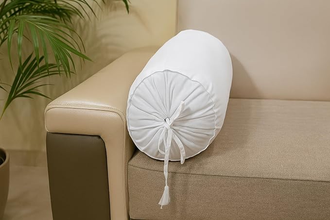 Cervical Neck Roll Pillow Cover with Cotton Bolster Pillowcases for Cylindrical Cushion and Drawstring Closure Round Neck Pillowcase 6" x 18" (15 x 45 cm) White