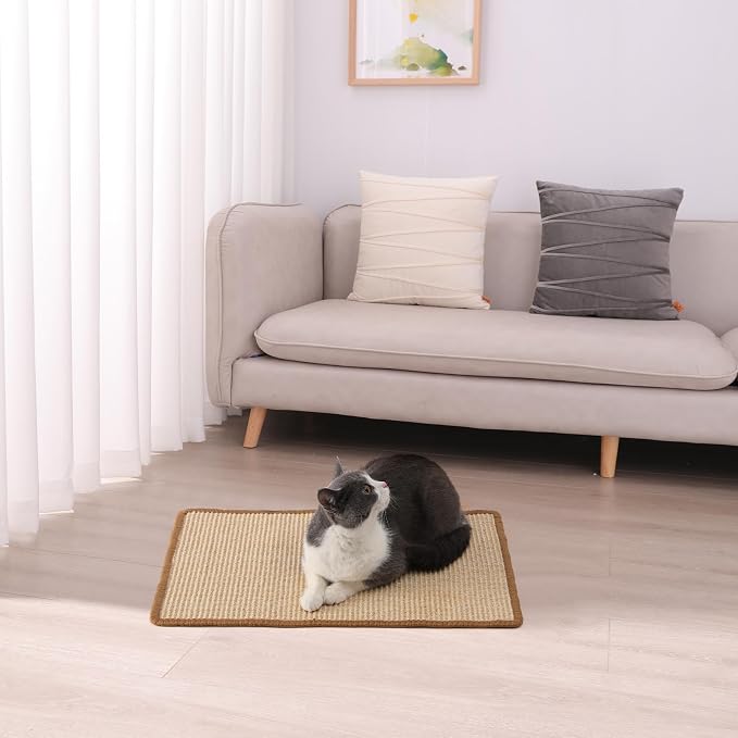 FUKUMARU Cat Scratcher Mat, 23.6 X 15.7 Inch Natural Sisal Cat Scratch Mat | Horizontal Cat Scratching Pad Mat Floor Rug with Sticky Tapes, Cat Wall Scratcher for Indoor Cats, Protect Couch and Carpet