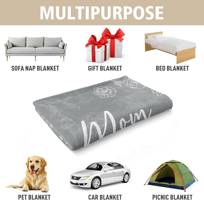 GiltGlimmer Mom Birthday Gifts, Mom Floral Blanket Grey, 60" x 50" | Gifts for Moms from Daughter Son, We Love You Present for Mother Mommy Christmas Mothers Day