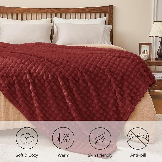 BEDELITE 3D Checked Burgundy Fleece Twin Throw Blanket for Bed, 60x80 Inch | Soft Warm Fuzzy Fluffy Blanket for Couch Sofa, Lightweight Plush Cozy Throws for Home Room Decor, Gift for Women, All Season
