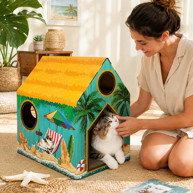 Cinrobiye Cardboard Cat House with Scratcher, Indoor Cat Condo Cat Cave Hideout with Scratch Pad, Cardboard Cat Playhouse Bed for Cats, Kittens, Rabbits & Small Pets (Beach)