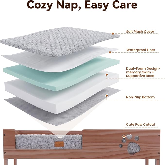 Wooden Bunk Dog Bed with 2 Memory Foam Beds | Modern Pet Furniture, Waterproof Liners, Washable Covers, 31.1 x 20.9 x 29.9 in, Bedside Window Perch, For Medium Dogs & Cats