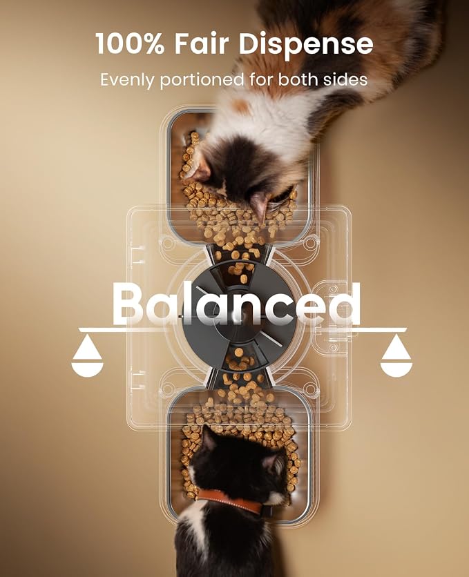 oneisall Automatic Cat Feeder for 2 Cats Pets, Timed Cat Food Dispenser | 20 Cups/5L, Prevent Fighting, Precise Portion, Balanced Dispense, Non-Slip & Stable, Voice Recorder, Stainless Steel Bowls