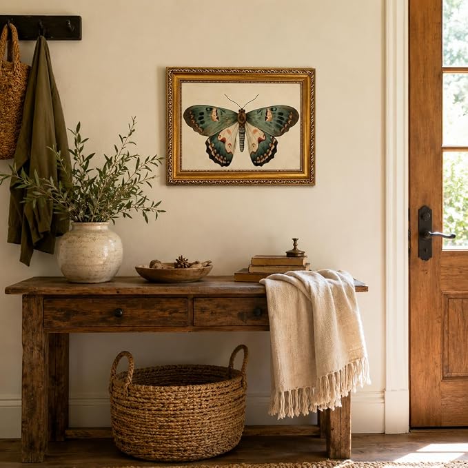 Vintage Butterfly Wall Art, Gold Framed Canvas Print, 12x16 in | Vintage butterfly print with ornate gold frame, ready to hang for bedroom, bathroom, shelves, and gallery walls