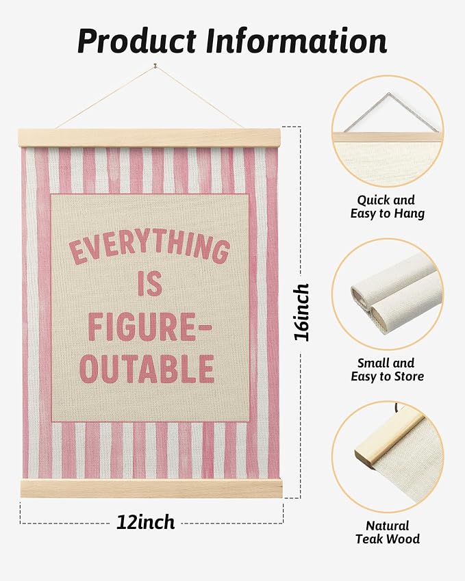 FGFK Preppy Pink Striped Everything Is Figureoutable Inspirational Framed hanging Canvas wall art Poster Prints office dorm room decor for women, Motivational posters decorations for home bedroom,12x16 Inch