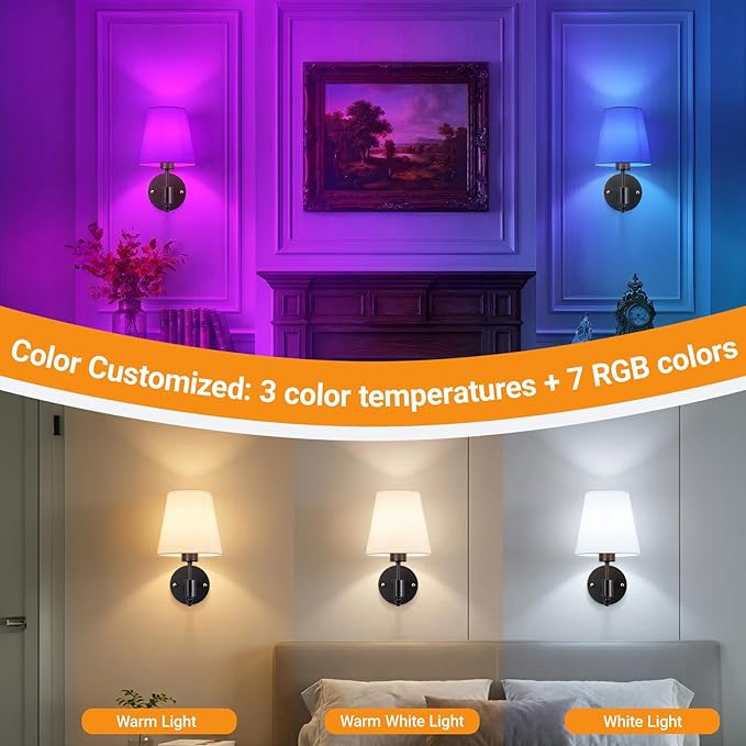 Nekhung Battery Operated Wall Sconce, Peel and Stick Sconces Set of 2 | Wireless Adhesive Stick On Wall Sconce, 10000mAh Rechargeable RGB Bulb with Remote, No Drill Wall Light for Bedroom Decor