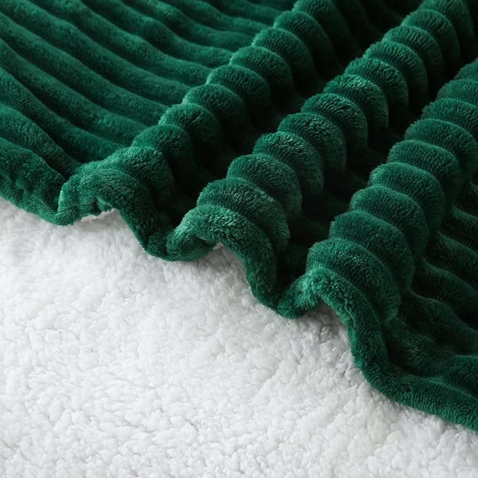 Green Sherpa Fleece Throw Blanket 108”×90”for Couch Sofa | Double Side Soft Fuzzy Cozy Plush Thick Flannel Blanket with Striped Design Gift for Adults,Woman