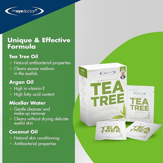 The Eye Doctor Tea Tree Oil Eyelid Wipes - 40 x Single Use Eye Cleaning Wipes for Daily Lid Care - Individual Preservative Free Sensitive Eye Cleaner - Soothes Cleans and Refreshes