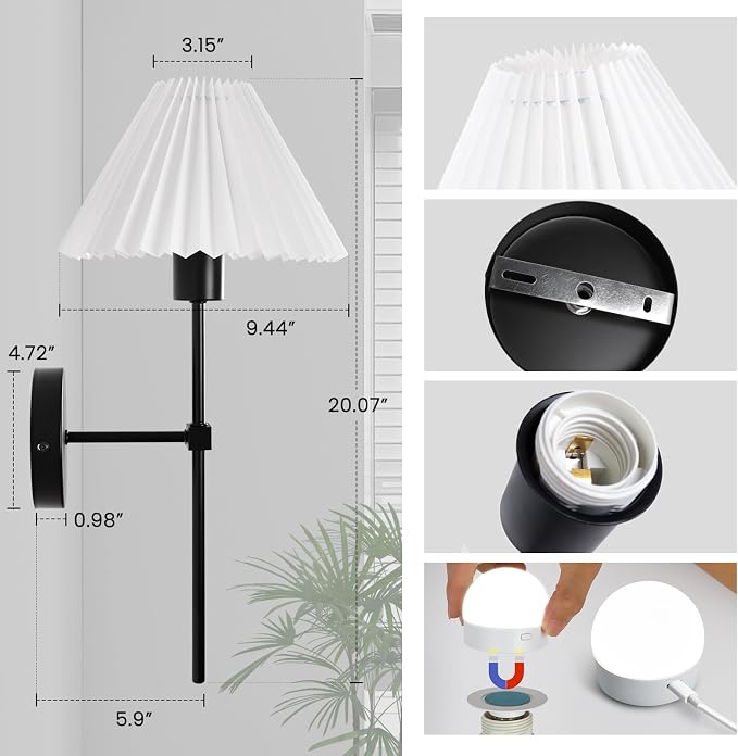 Rechargeable Battery Operated Wall Sconces Sets of 2, 15 Colors Wireless Wall Sconce, Black Wall Lights Fixture with Dimmable Bulbs and Remote, Not Hardwired Wall Mounted Lamps for Bedroom Living Room