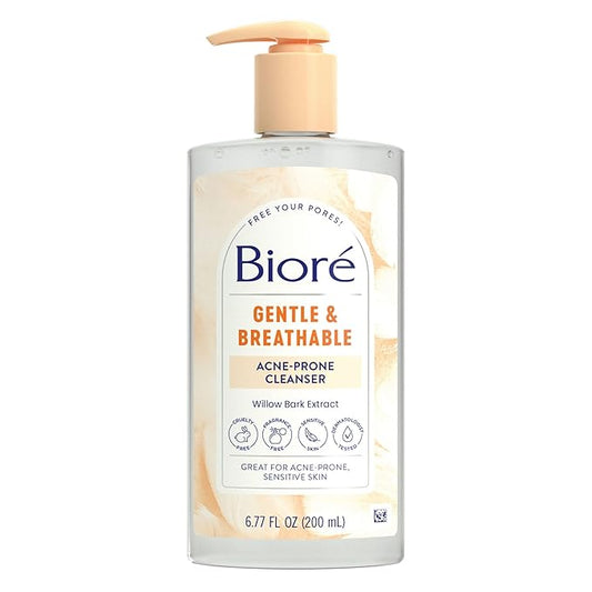 Biore Gentle & Breathable Acne Face Wash, Gentle Face Cleanser for Sensitive and Acne Prone Skin, Infused with Willow Bark Extract to Clarify Skin, Fragrance Free, 6.77 Oz