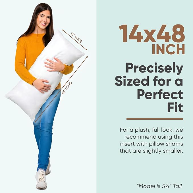 Pillowflex Synthetic Down Pillow Insert 14x48 in - Karate Chop Pillow | Large Rectangle Sham Form, Plush Polyester Cotton Blend, Cloud-Like Comfort, Clump-Resistant Fill, Smooth Elegant Finish