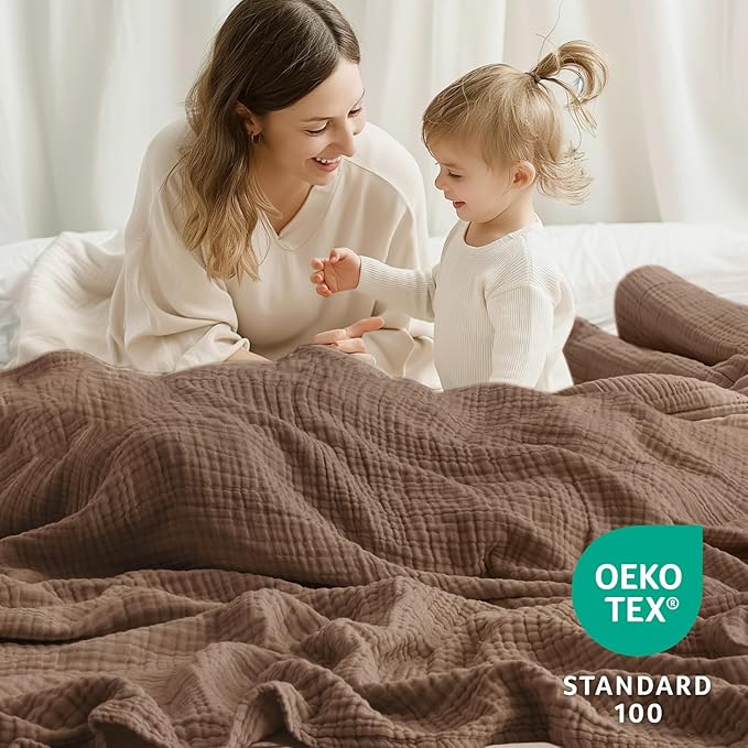 100% Cotton Muslin Blanket Large 50"x 70", Breathable and Lightweight Cotton Throw Blanket for Bed and Couch, Soft Cooling Summer Gauze Blanket for Adults All Season, Linen Brown